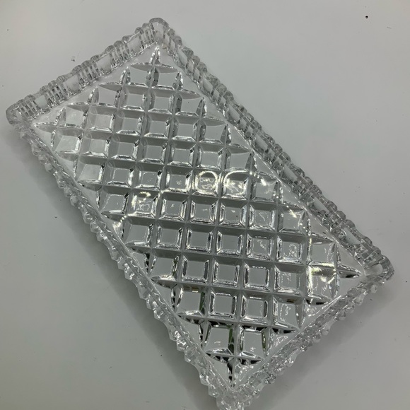 Cut Glass Rectangular Vintage Geometric Patterns Scallop Edge Tray - Picture 2 of 7